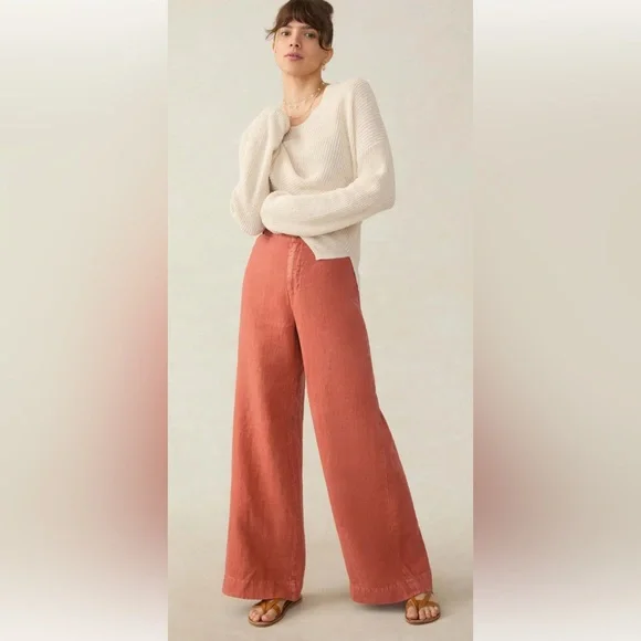 Faherty Sun Strider Linen Pants Wide Leg High Rise Womens Small Red Rock/Orange - Picture 1 of 13